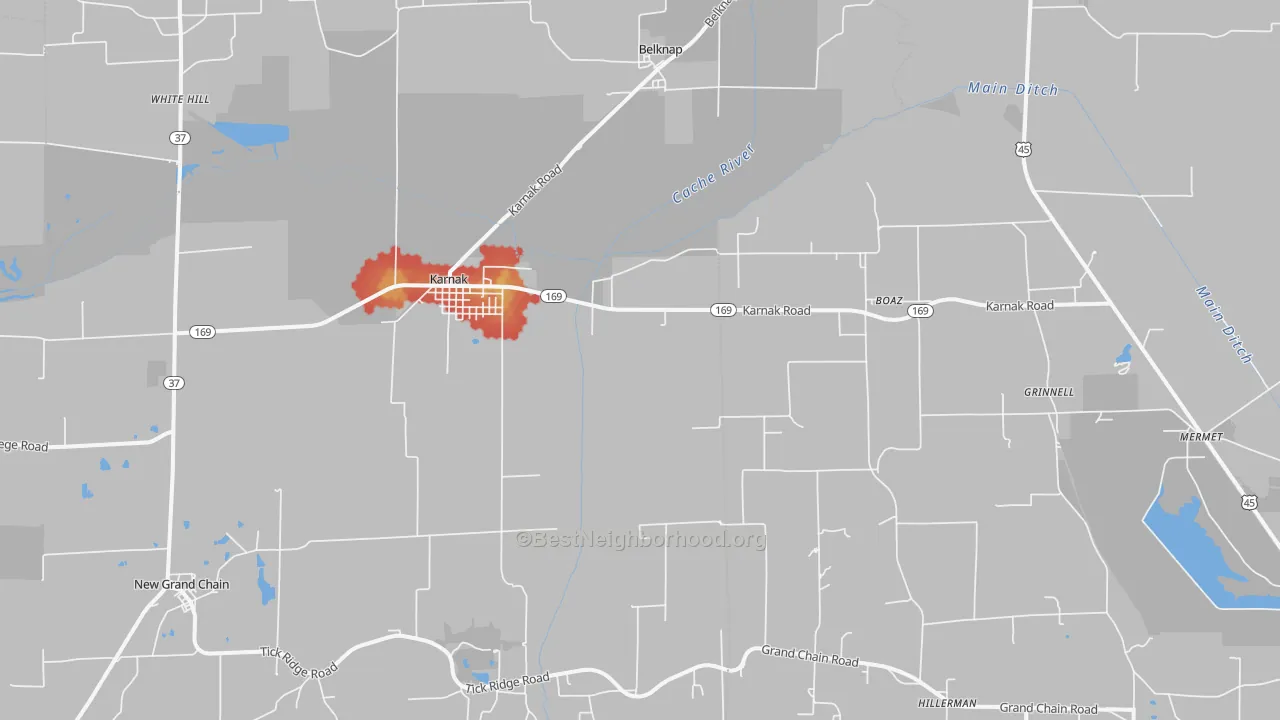 Walk Grade map of 62956, IL, walkable areas in green and car-dependent areas in red