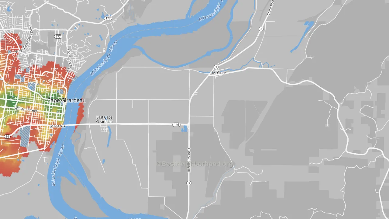 Walk Grade map of 62957, IL, walkable areas in green and car-dependent areas in red