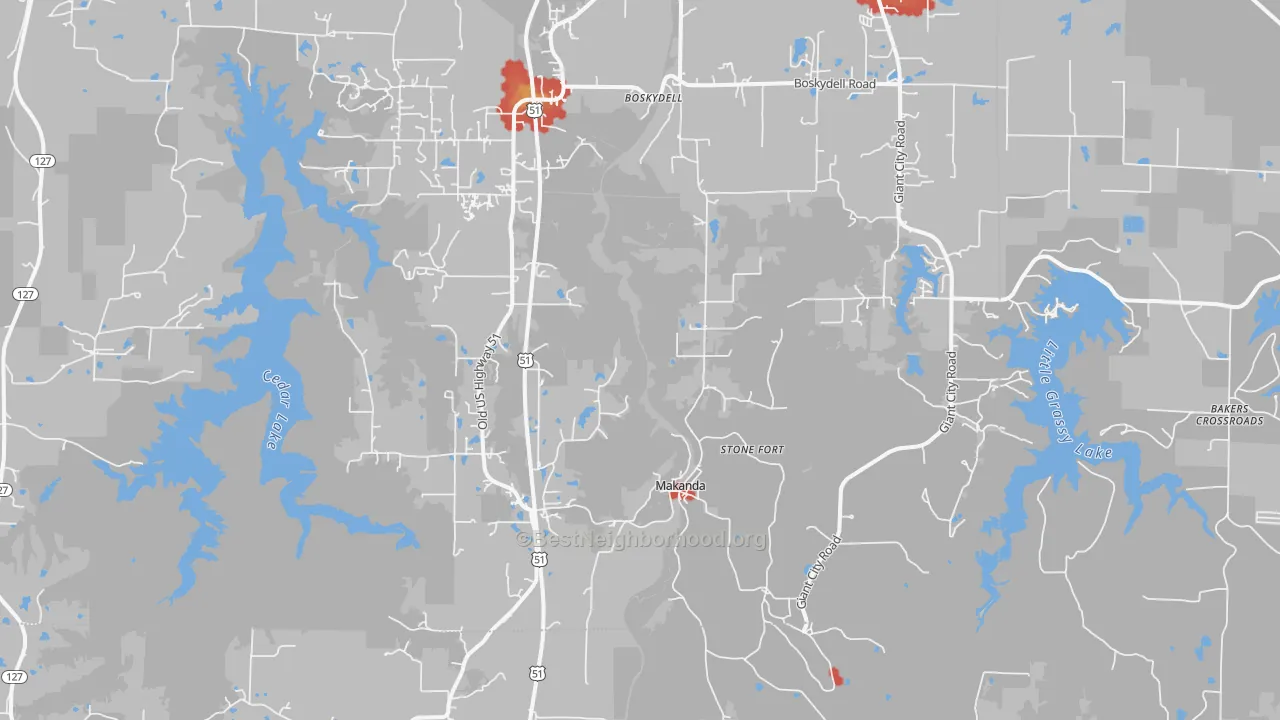 Walk Grade map of 62958, IL, walkable areas in green and car-dependent areas in red