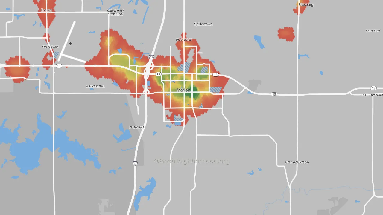 Walk Grade map of 62959, IL, walkable areas in green and car-dependent areas in red
