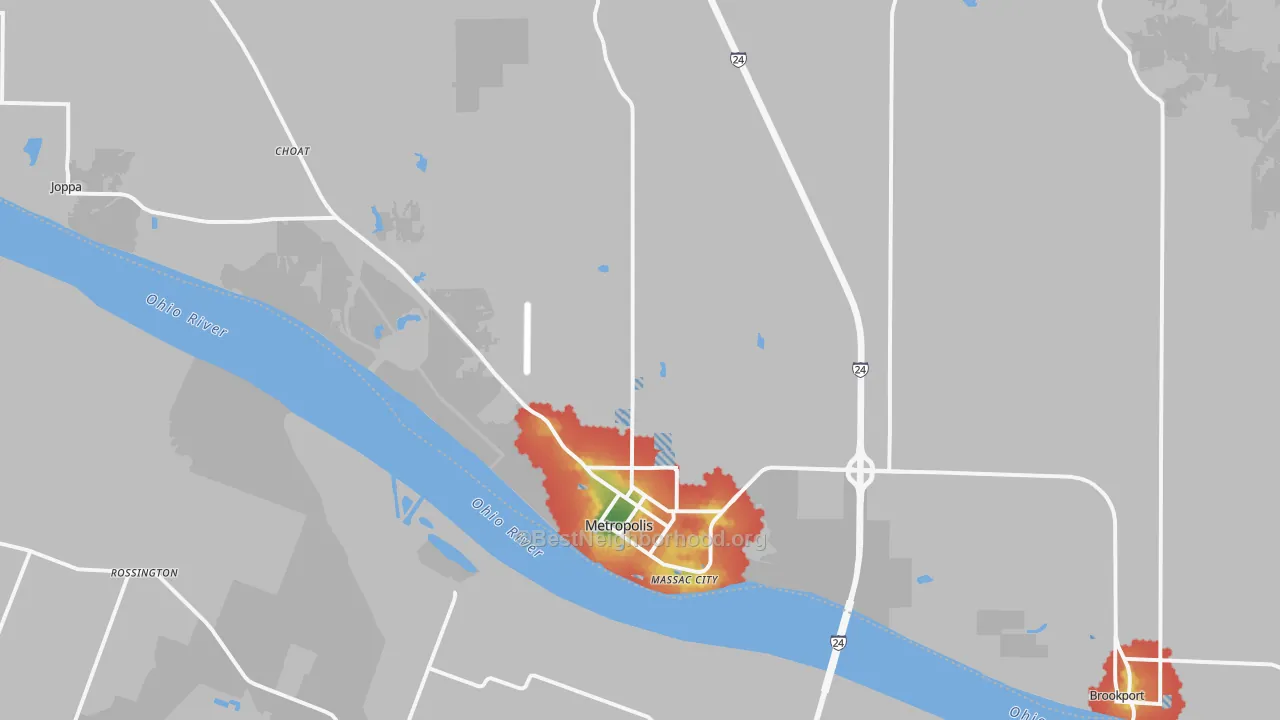 Walk Grade map of 62960, IL, walkable areas in green and car-dependent areas in red