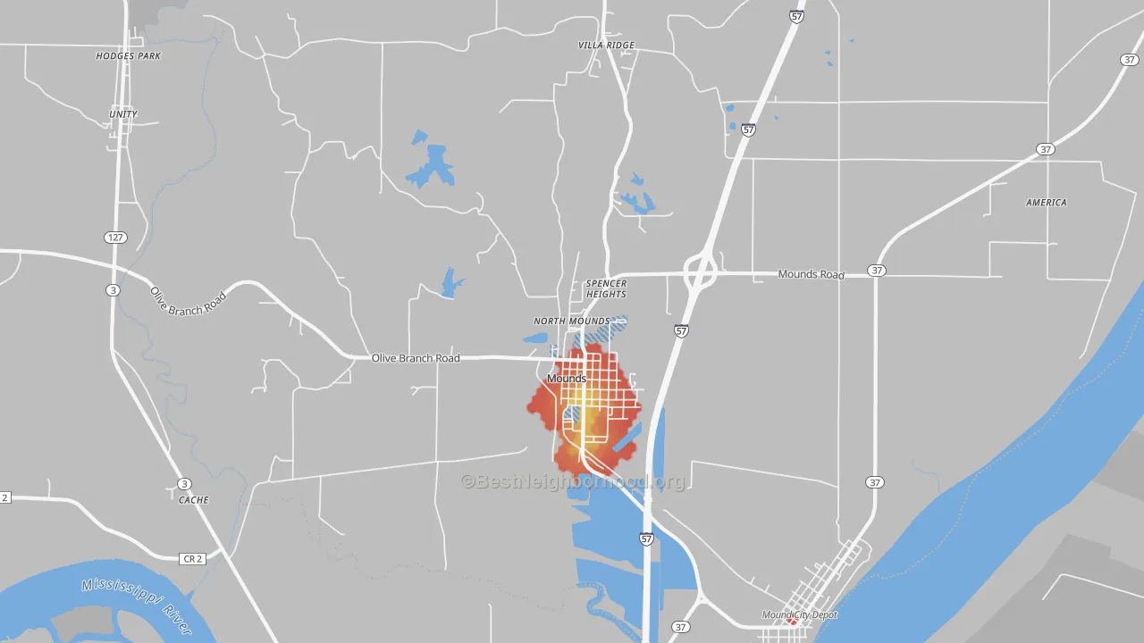 Walk Grade map of 62964, IL, walkable areas in green and car-dependent areas in red