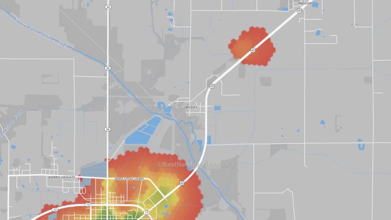 Walk Grade map of 62965, IL, walkable areas in green and car-dependent areas in red