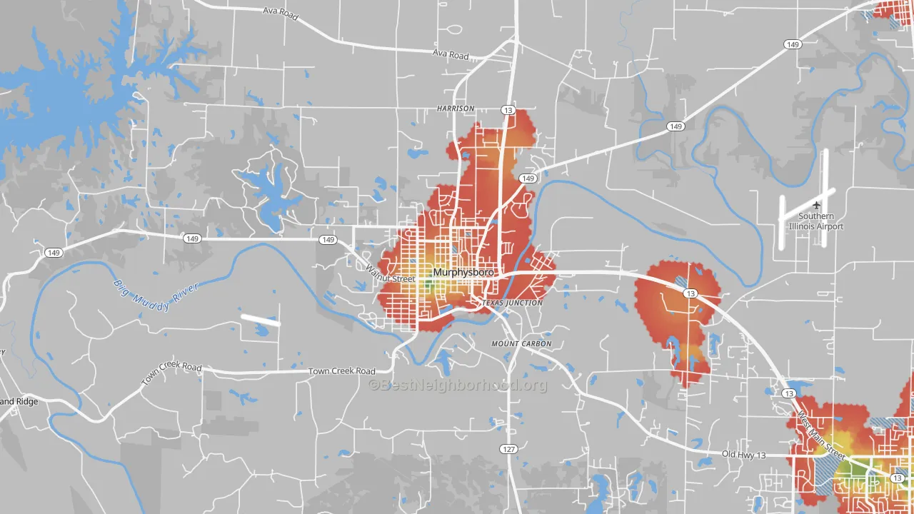 Walk Grade map of 62966, IL, walkable areas in green and car-dependent areas in red