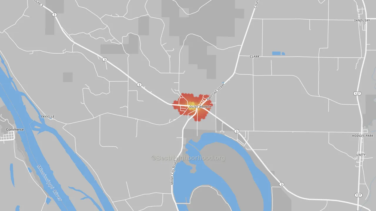 Walk Grade map of 62969, IL, walkable areas in green and car-dependent areas in red