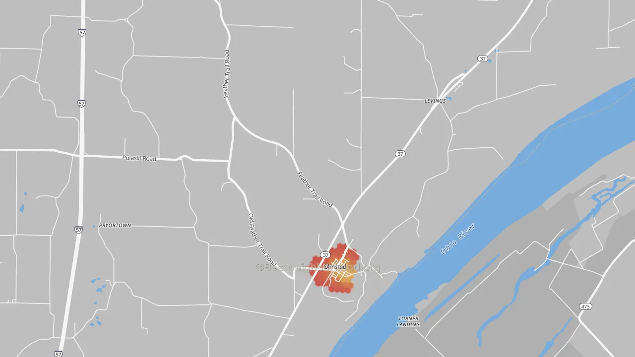 Walk Grade map of 62970, IL, walkable areas in green and car-dependent areas in red