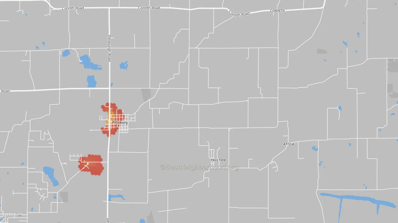 Walk Grade map of 62974, IL, walkable areas in green and car-dependent areas in red