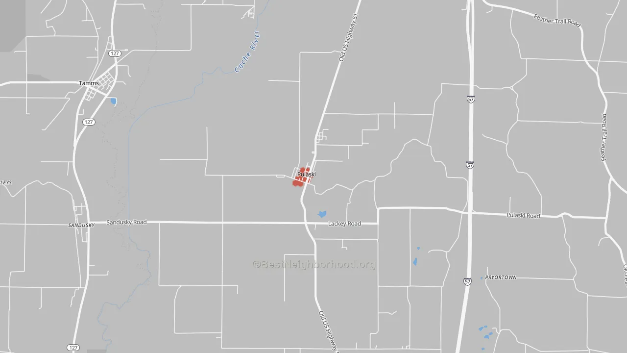 Walk Grade map of 62976, IL, walkable areas in green and car-dependent areas in red