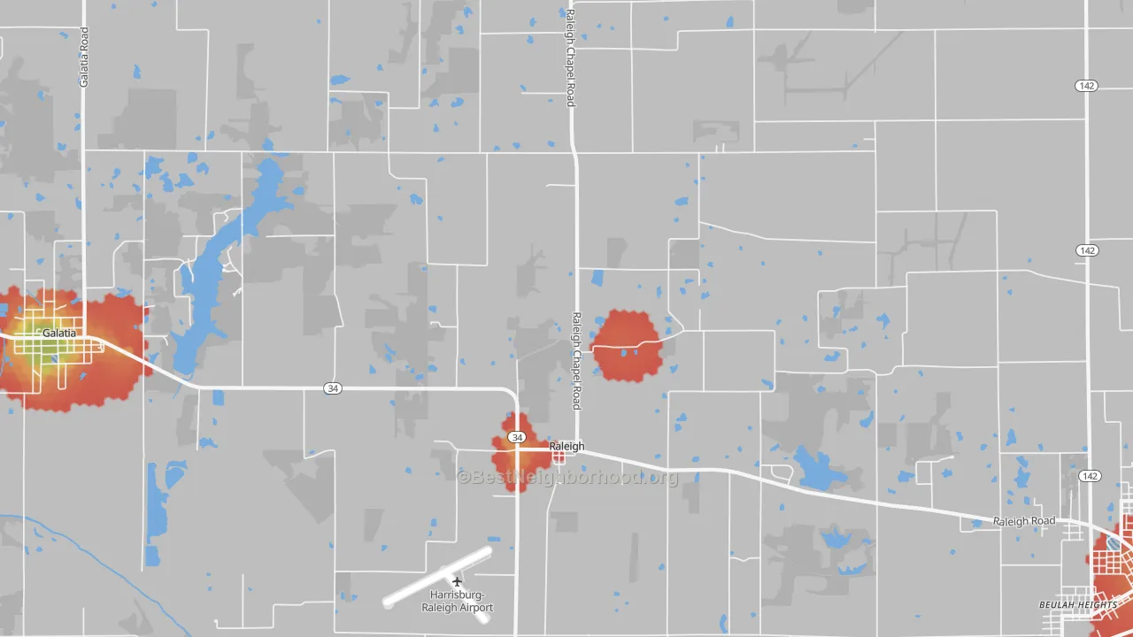 Walk Grade map of 62977, IL, walkable areas in green and car-dependent areas in red
