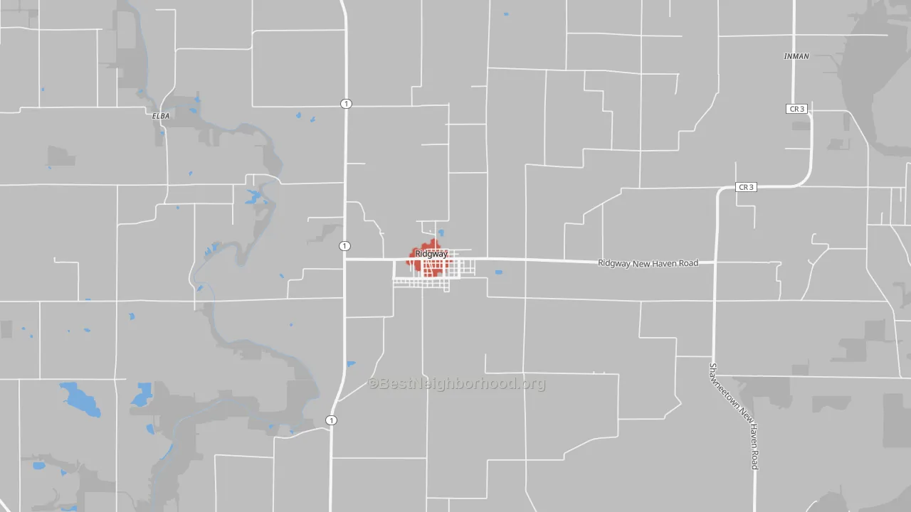 Walk Grade map of 62979, IL, walkable areas in green and car-dependent areas in red