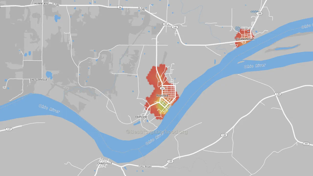 Walk Grade map of 62982, IL, walkable areas in green and car-dependent areas in red