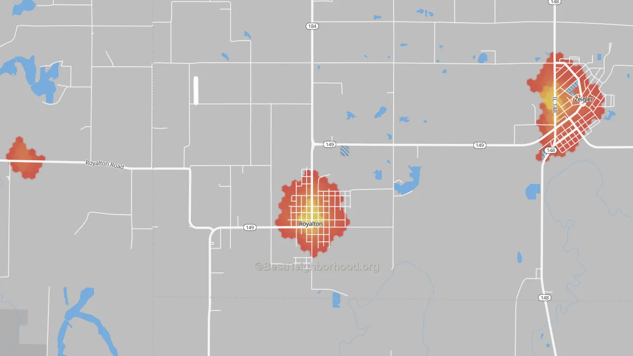 Walk Grade map of 62983, IL, walkable areas in green and car-dependent areas in red