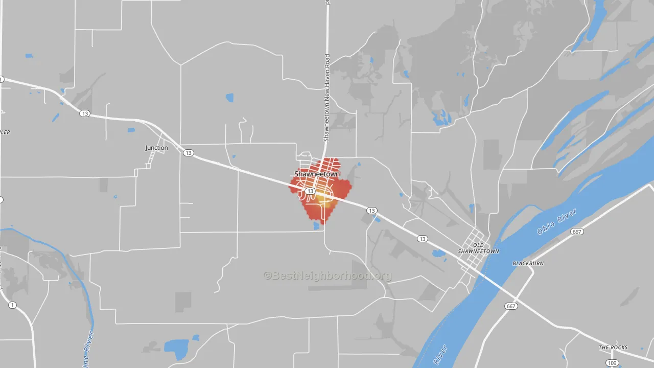 Walk Grade map of 62984, IL, walkable areas in green and car-dependent areas in red