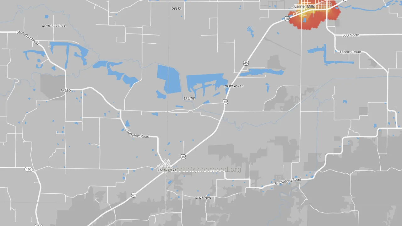 Walk Grade map of 62987, IL, walkable areas in green and car-dependent areas in red