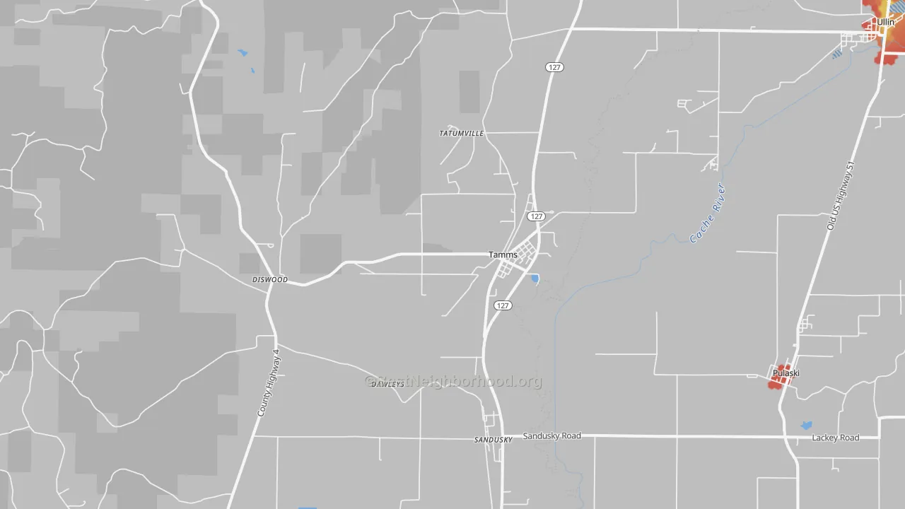 Walk Grade map of 62988, IL, walkable areas in green and car-dependent areas in red