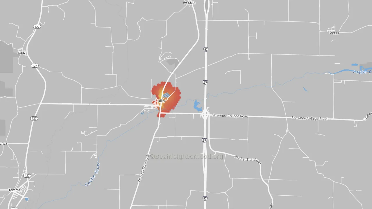 Walk Grade map of 62992, IL, walkable areas in green and car-dependent areas in red