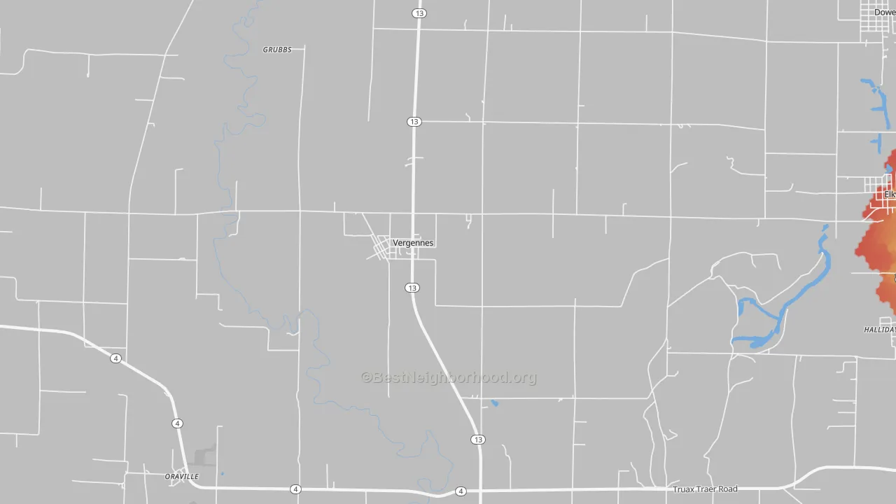 Walk Grade map of 62994, IL, walkable areas in green and car-dependent areas in red