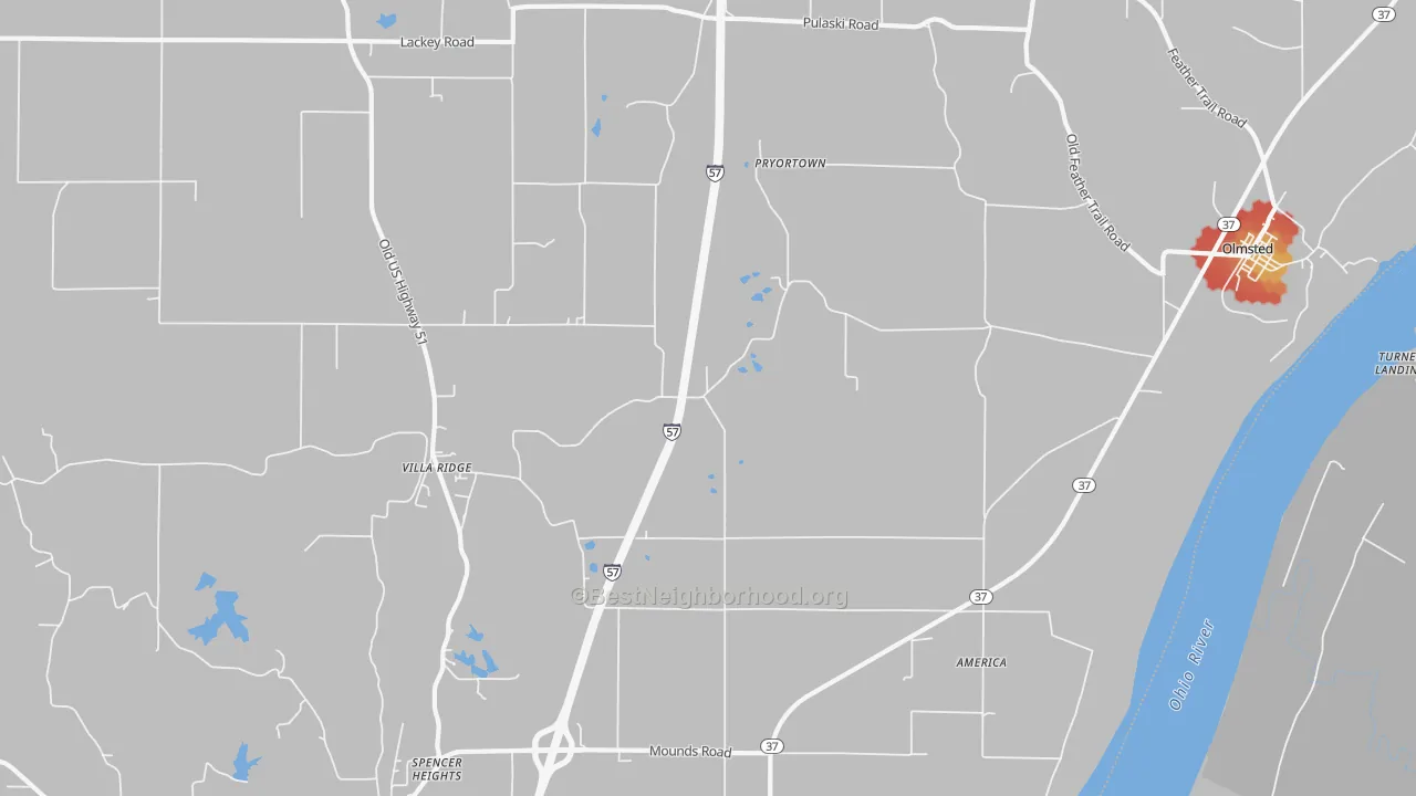 Walk Grade map of 62996, IL, walkable areas in green and car-dependent areas in red