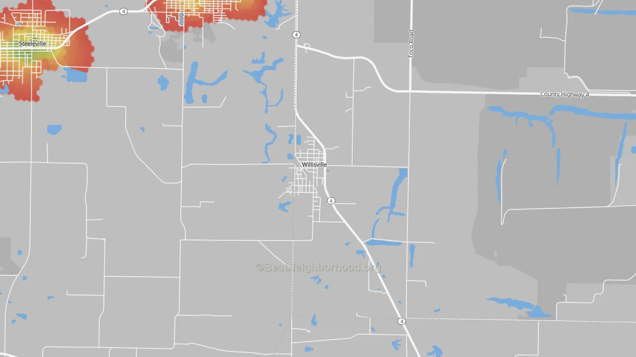 Walk Grade map of 62997, IL, walkable areas in green and car-dependent areas in red