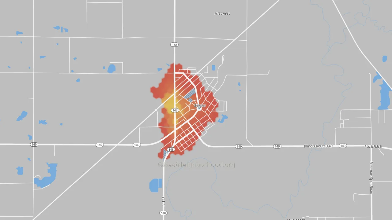 Walk Grade map of 62999, IL, walkable areas in green and car-dependent areas in red