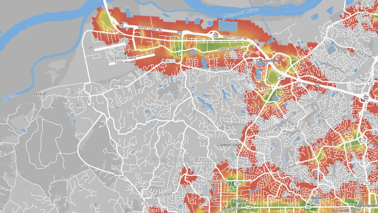 Walk Grade map of 63005, MO, walkable areas in green and car-dependent areas in red