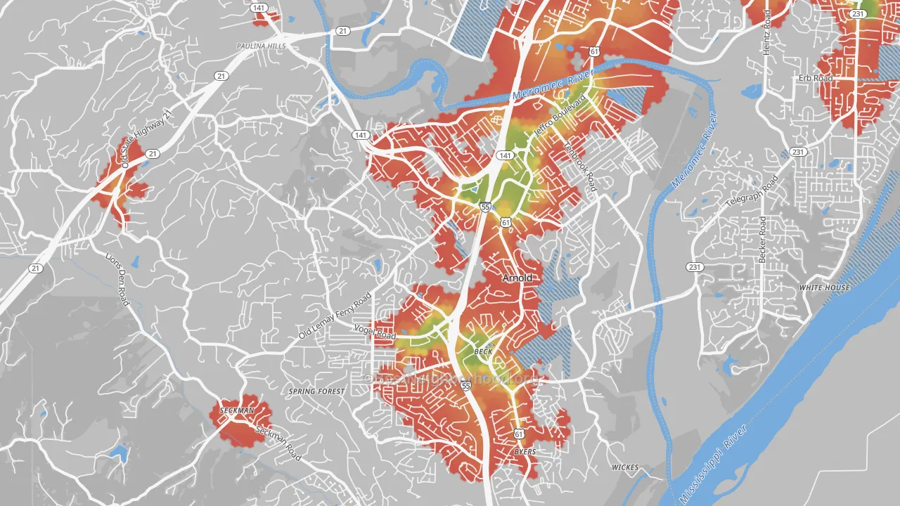 Walk Grade map of 63010, MO, walkable areas in green and car-dependent areas in red