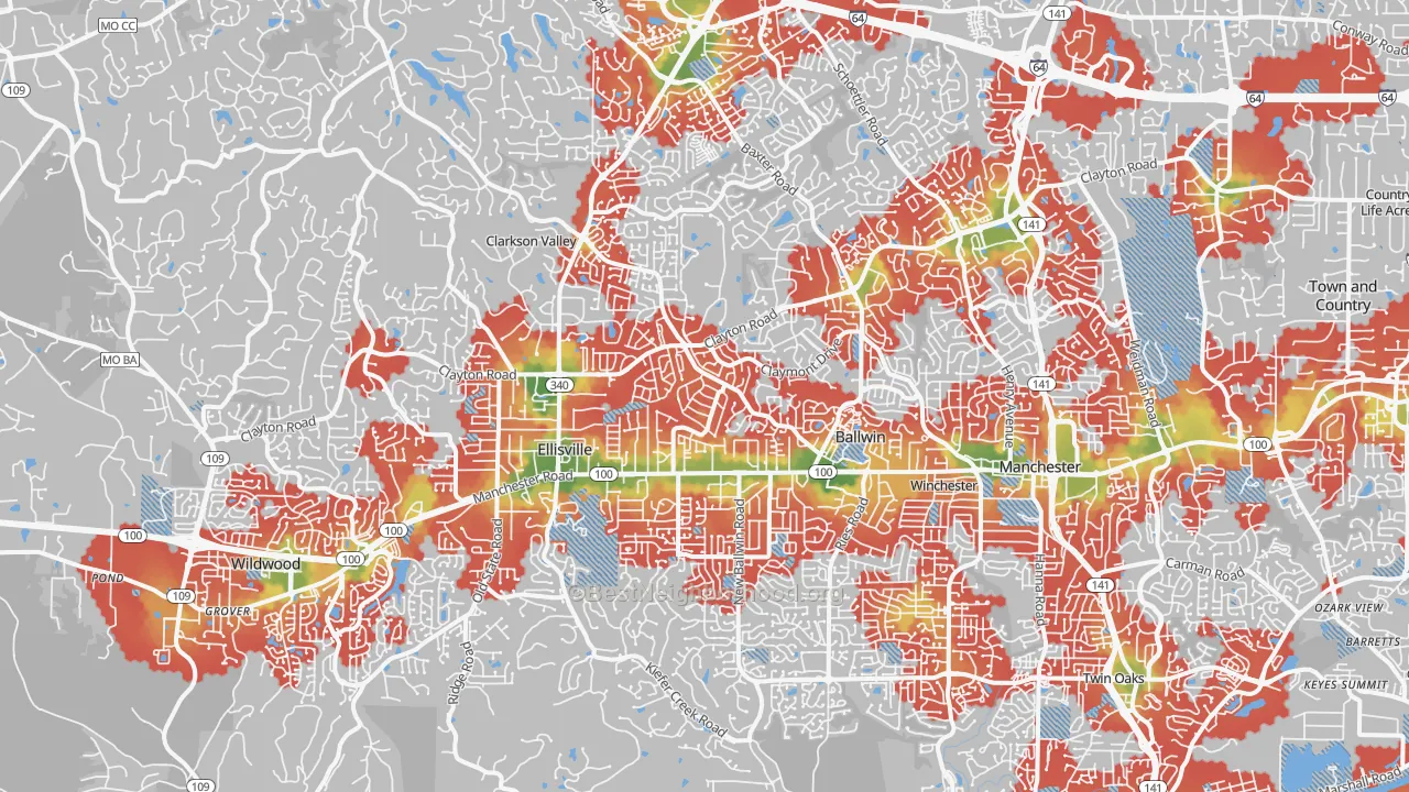 Walk Grade map of 63011, MO, walkable areas in green and car-dependent areas in red