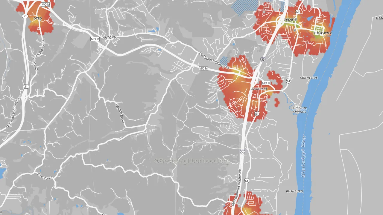 Walk Grade map of 63012, MO, walkable areas in green and car-dependent areas in red