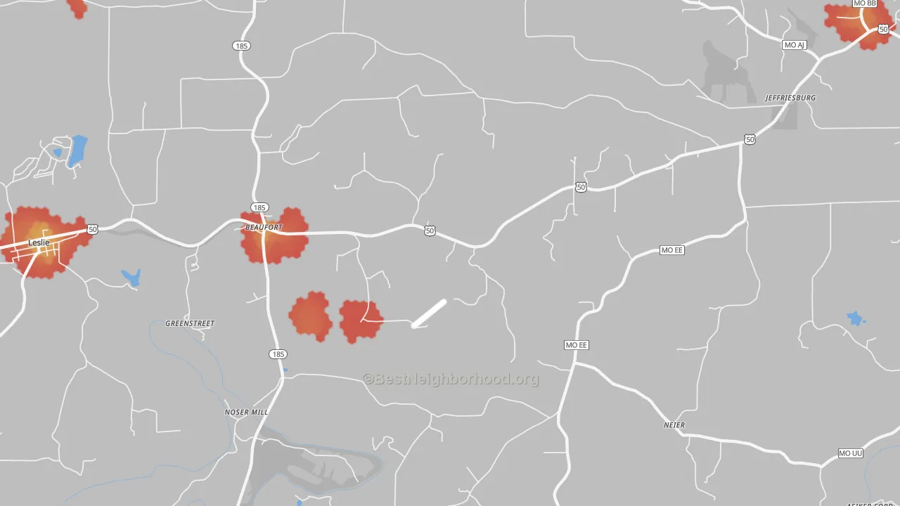 Walk Grade map of 63013, MO, walkable areas in green and car-dependent areas in red