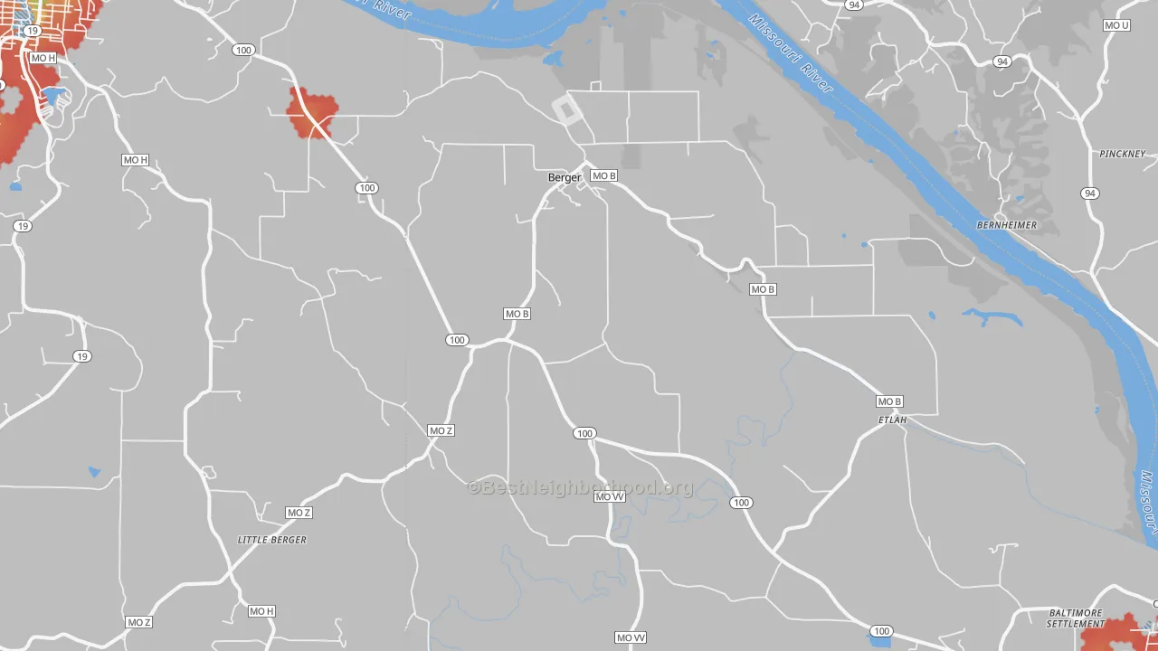 Walk Grade map of 63014, MO, walkable areas in green and car-dependent areas in red