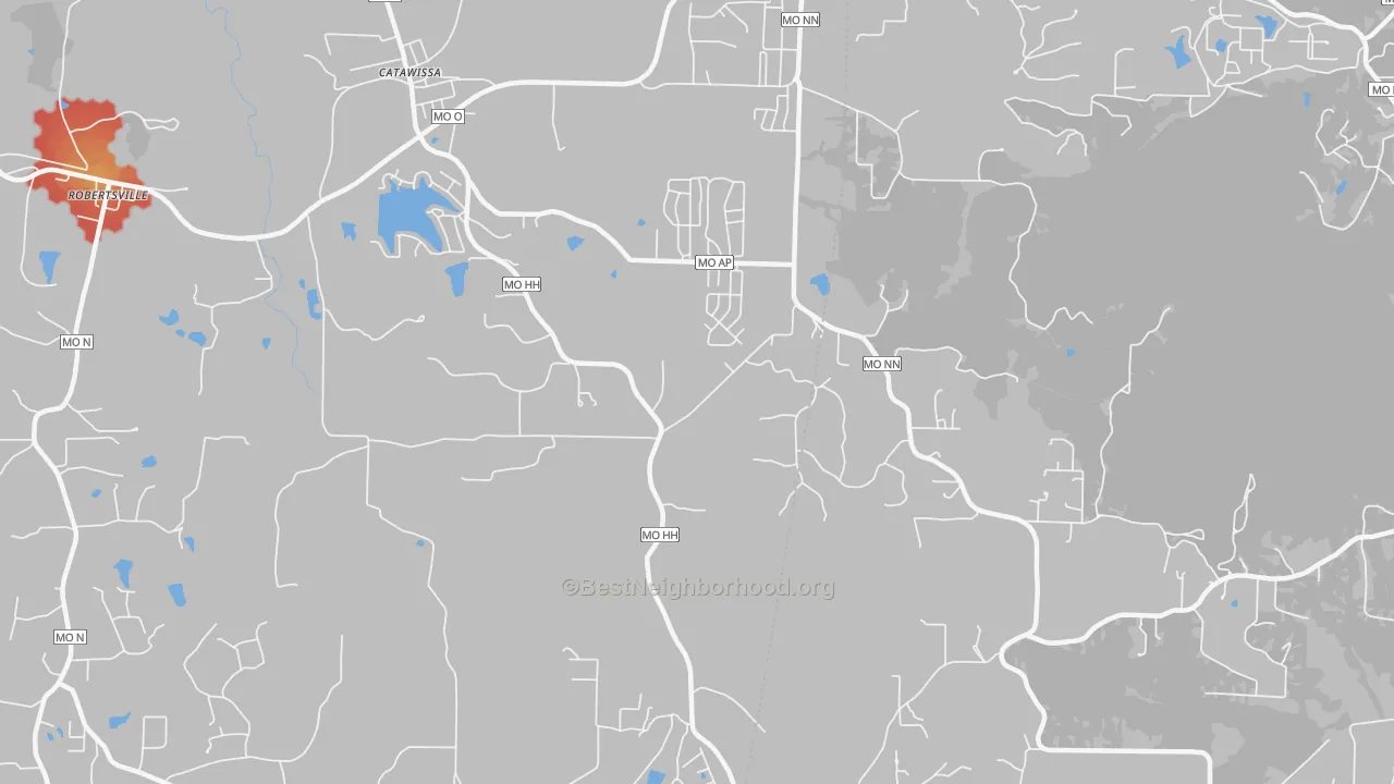 Walk Grade map of 63015, MO, walkable areas in green and car-dependent areas in red