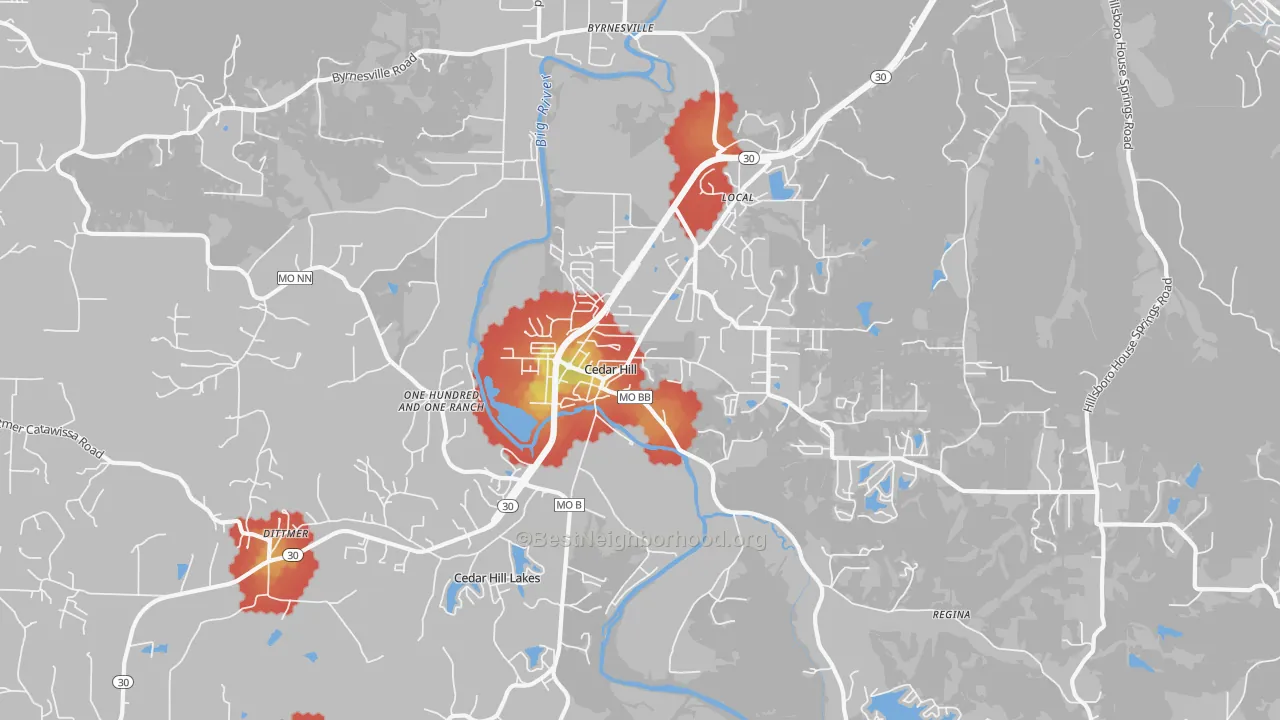 Walk Grade map of 63016, MO, walkable areas in green and car-dependent areas in red