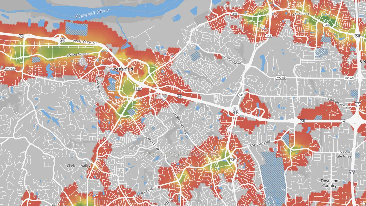 Walk Grade map of 63017, MO, walkable areas in green and car-dependent areas in red