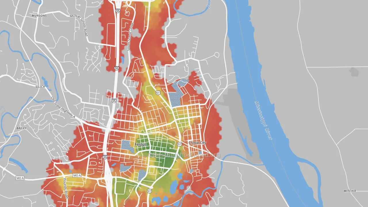 Walk Grade map of 63019, MO, walkable areas in green and car-dependent areas in red