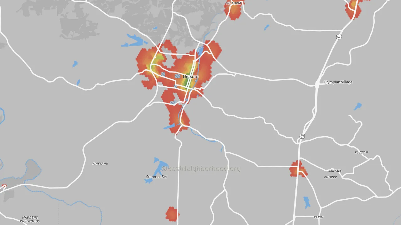 Walk Grade map of 63020, MO, walkable areas in green and car-dependent areas in red