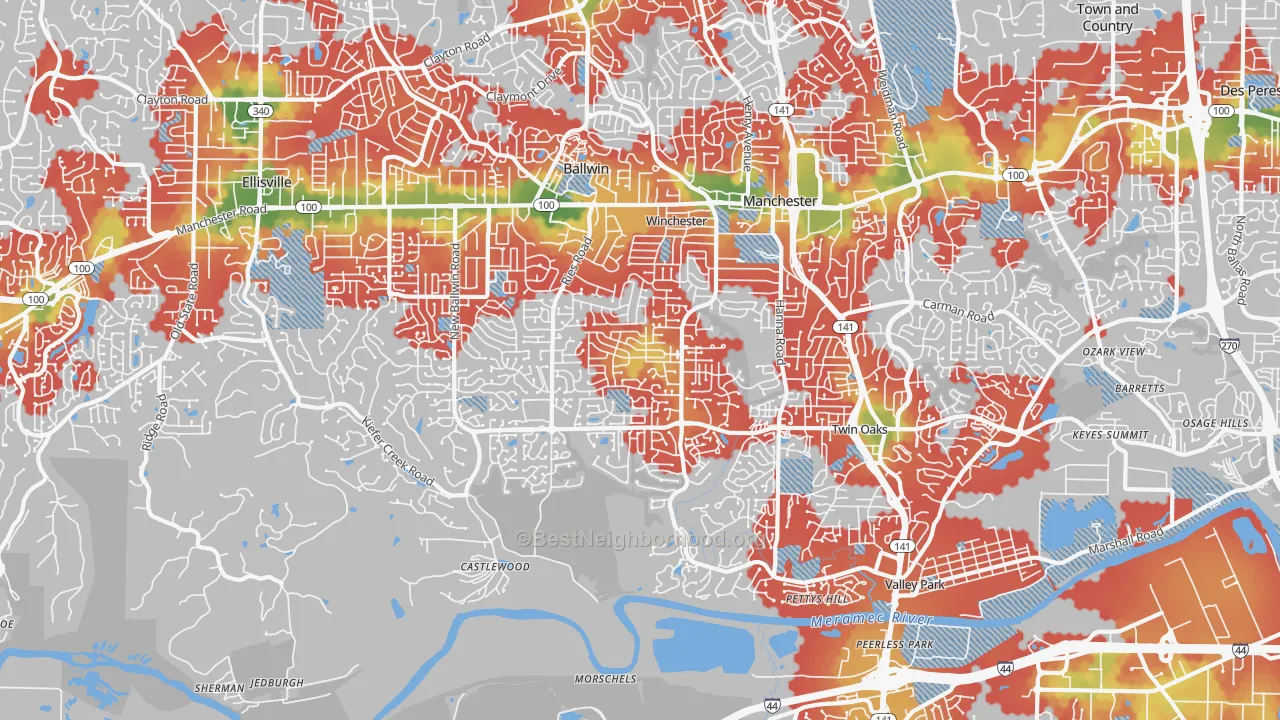 Walk Grade map of 63021, MO, walkable areas in green and car-dependent areas in red
