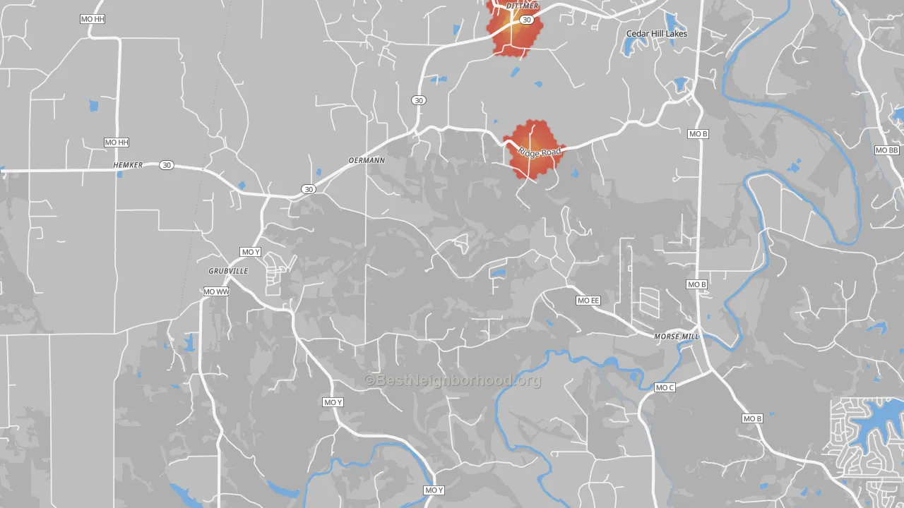 Walk Grade map of 63023, MO, walkable areas in green and car-dependent areas in red
