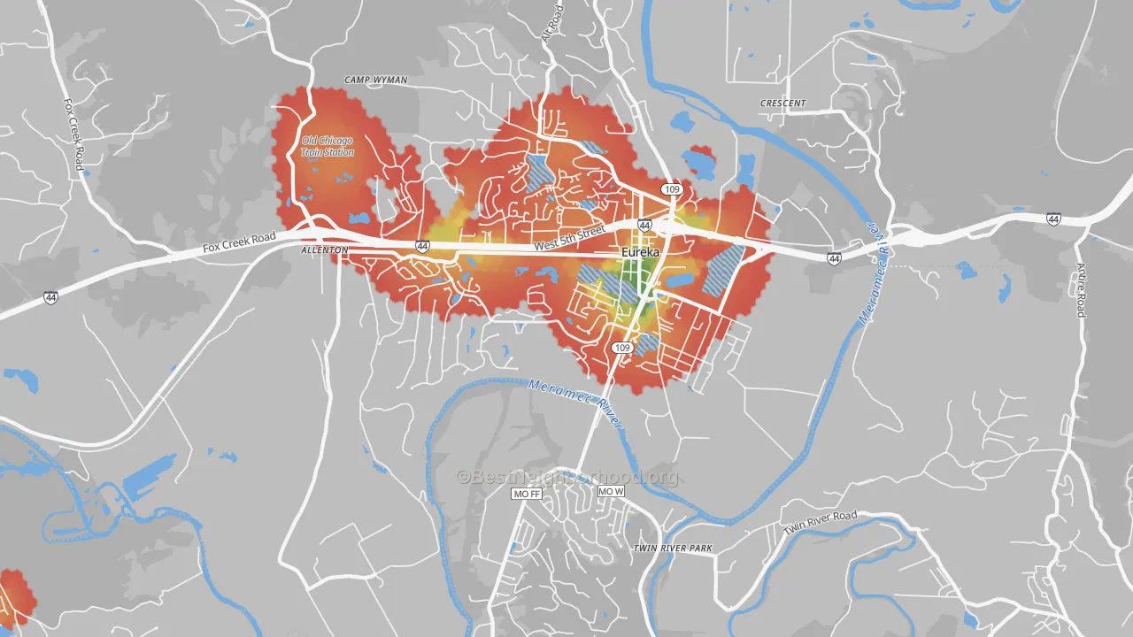 Walk Grade map of 63025, MO, walkable areas in green and car-dependent areas in red