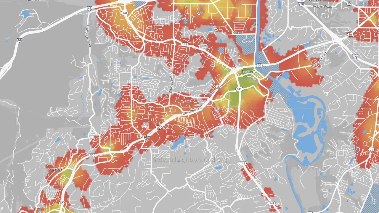 Walk Grade map of 63026, MO, walkable areas in green and car-dependent areas in red