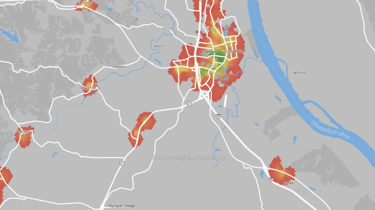 Walk Grade map of 63028, MO, walkable areas in green and car-dependent areas in red