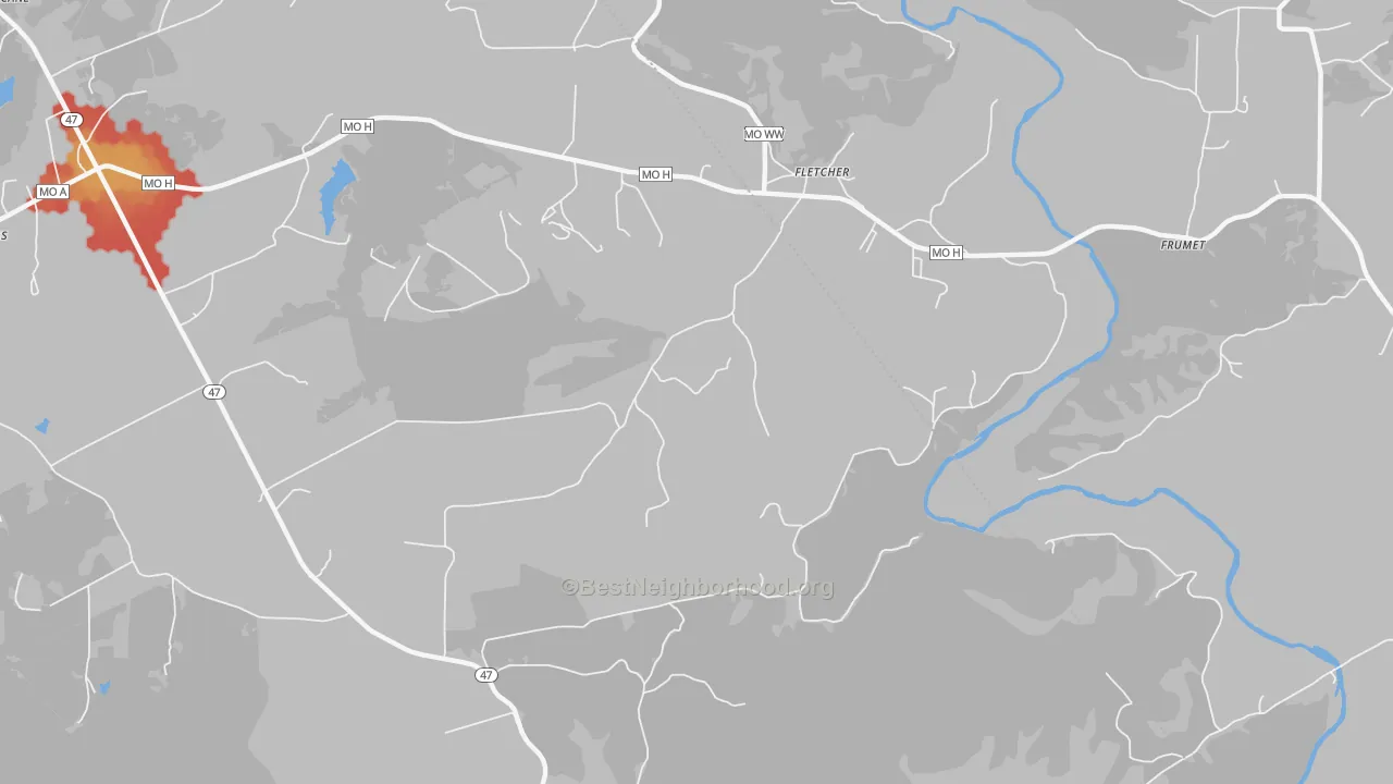 Walk Grade map of 63030, MO, walkable areas in green and car-dependent areas in red