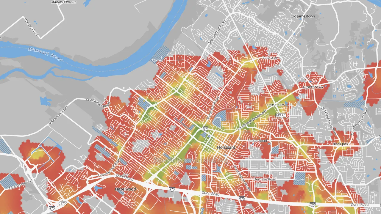 Walk Grade map of 63031, MO, walkable areas in green and car-dependent areas in red