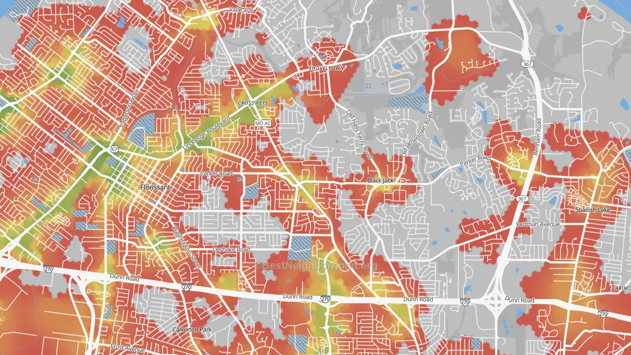 Walk Grade map of 63033, MO, walkable areas in green and car-dependent areas in red