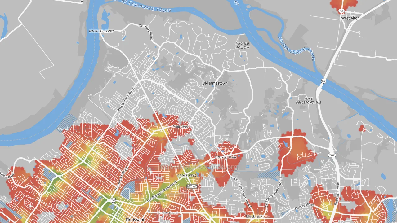 Walk Grade map of 63034, MO, walkable areas in green and car-dependent areas in red
