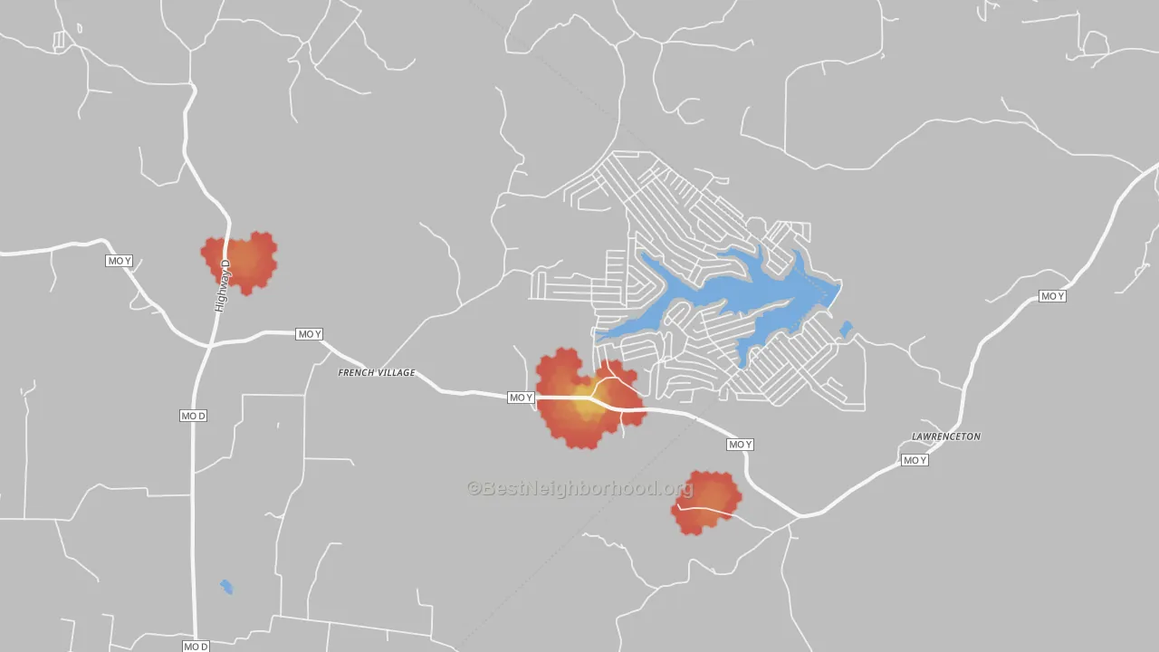 Walk Grade map of 63036, MO, walkable areas in green and car-dependent areas in red