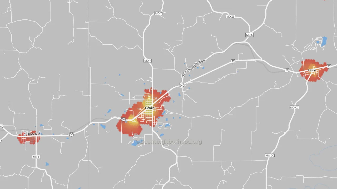 Walk Grade map of 63037, MO, walkable areas in green and car-dependent areas in red