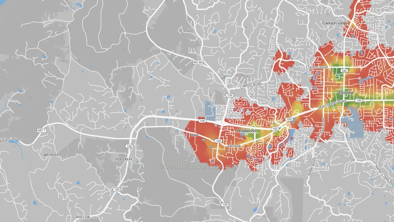 Walk Grade map of 63038, MO, walkable areas in green and car-dependent areas in red