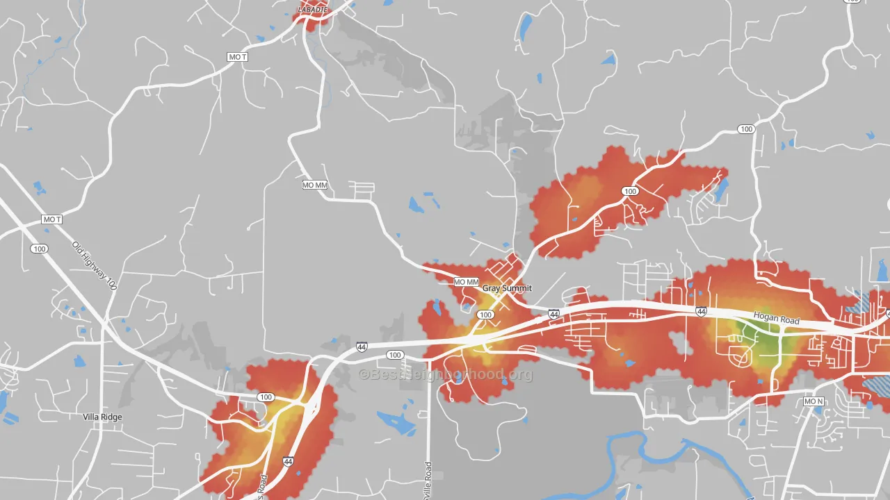 Walk Grade map of 63039, MO, walkable areas in green and car-dependent areas in red