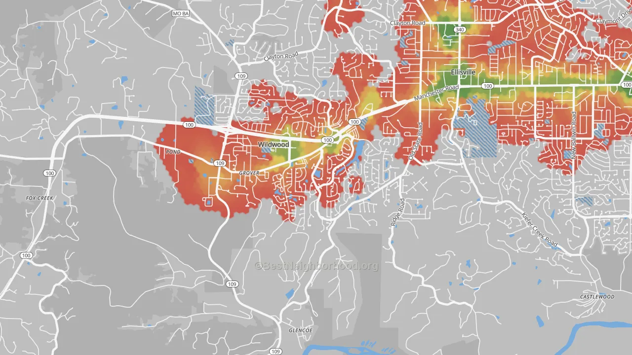 Walk Grade map of 63040, MO, walkable areas in green and car-dependent areas in red