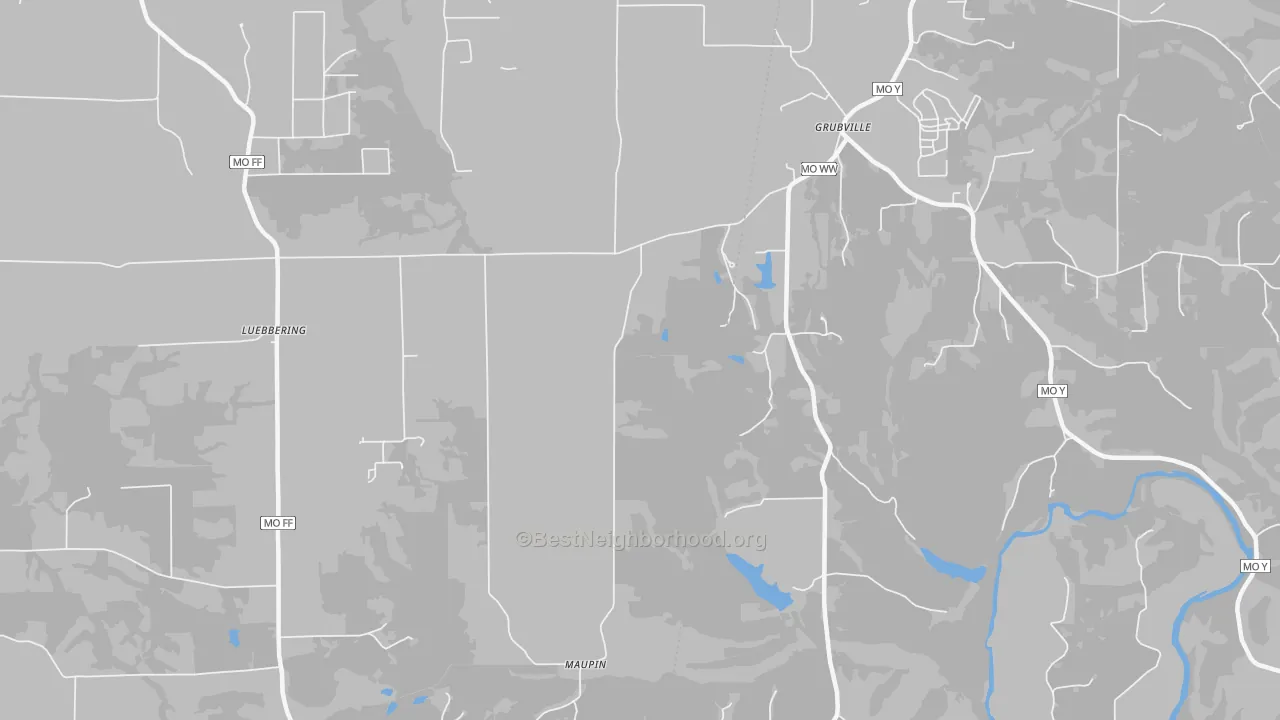 Walk Grade map of 63041, MO, walkable areas in green and car-dependent areas in red